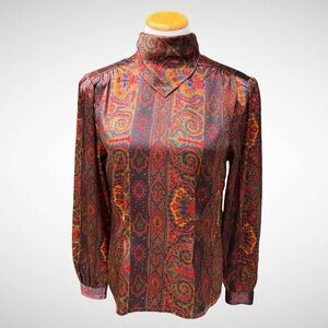 Nicola Vintage Paisley Buttonback Blouse Foldover Neck Long Sleeves